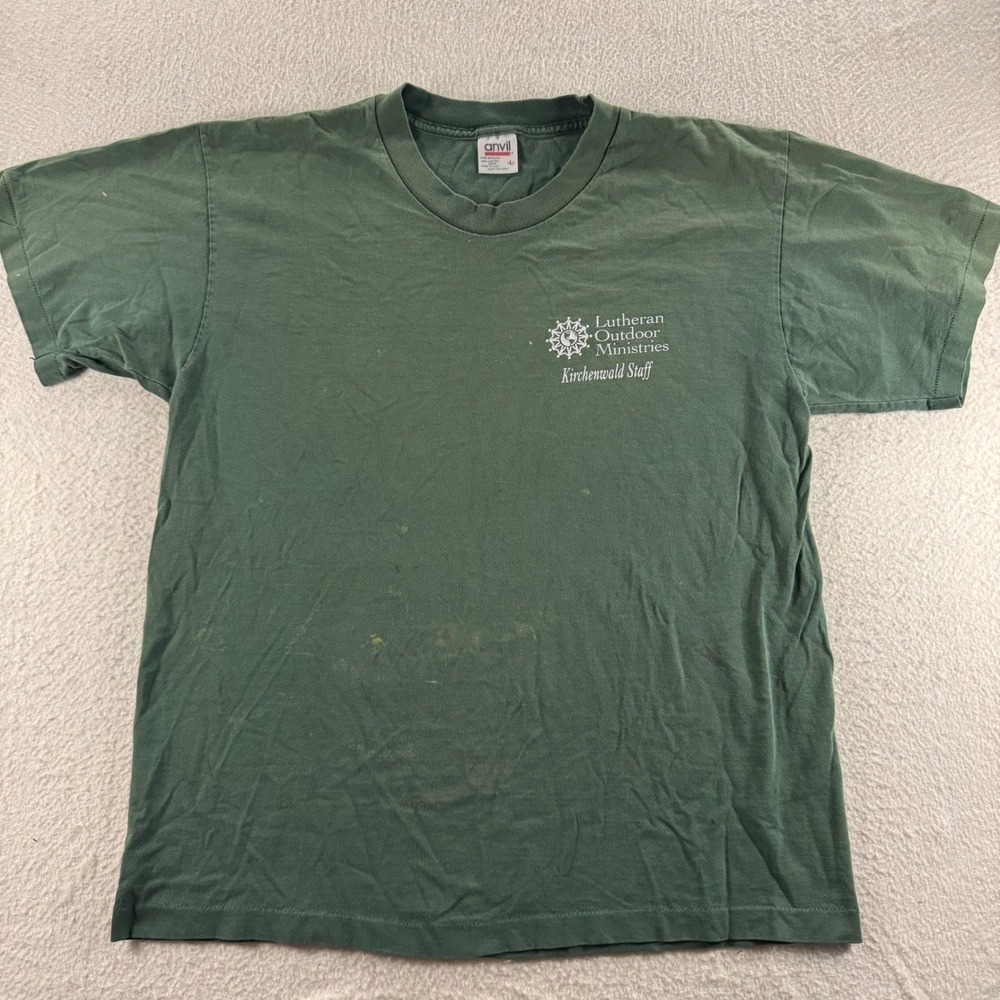 Anvil T-Shirt Mens Large Green Vintage 90s Single Stitch Kirchenwald Staff